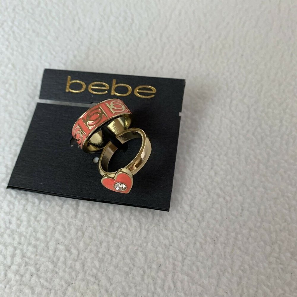 bebe Coral Gold Tone Ring Set Heart Rhinestone Size 7 New